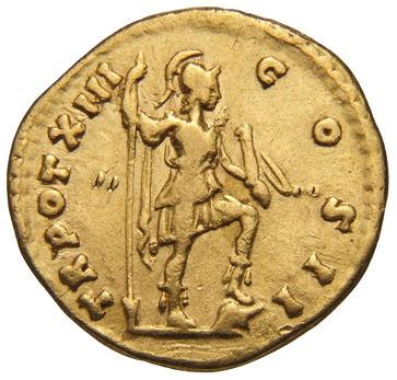 Antoninus Pius reverse — Virtus, helmeted, in military dress, standing right, left foot on helmet, holding inverted vertical spear in right hand and parazonium upright in left