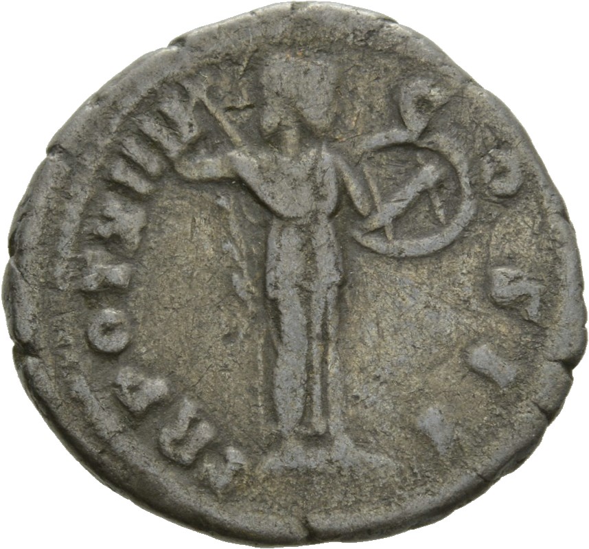 RIC III Antoninus Pius 483 Antoninus Pius reverse, Minerva, helmeted, draped, brandishing javelin in right hand and holdin...