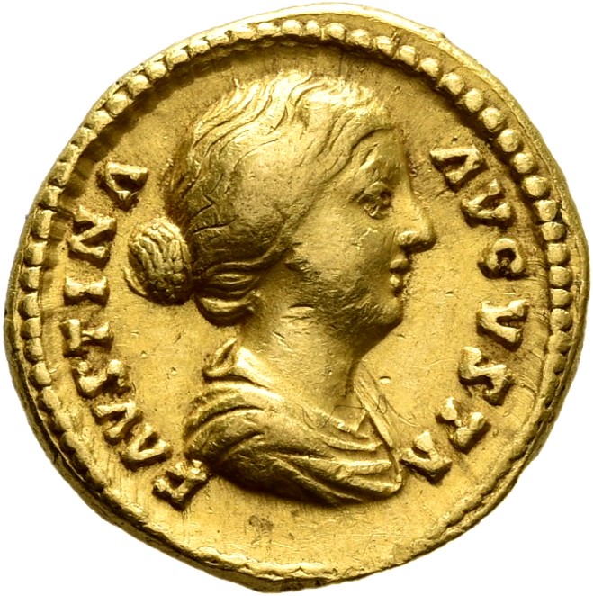 RIC III Antoninus Pius 494A (aureus) Antoninus Pius obverse, Bust of Faustina the Younger, bare-headed, with hair waived a...