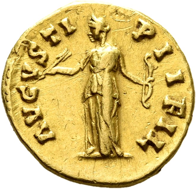RIC III Antoninus Pius 494A (aureus) Antoninus Pius reverse, Diana, draped, standing left, holding arrow in extended right...