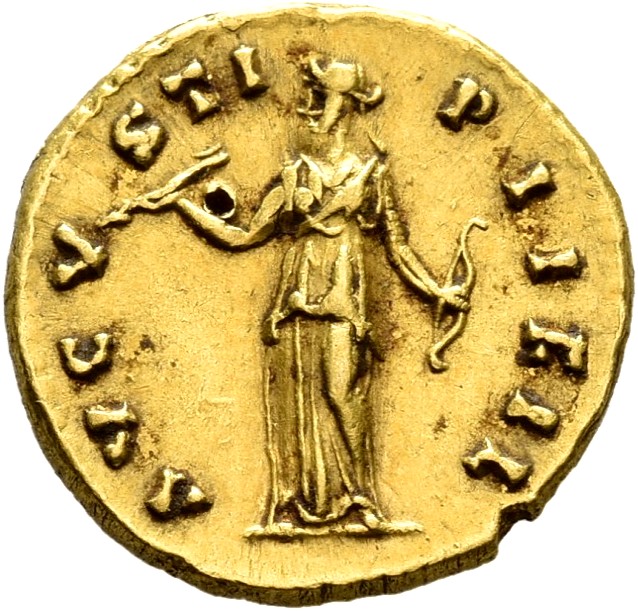 RIC III Antoninus Pius 494B Antoninus Pius reverse, Diana, draped, standing left, holding arrow in extended right hand and...