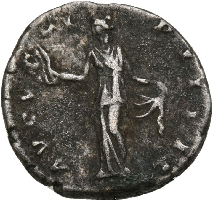 RIC III Antoninus Pius 497 Antoninus Pius reverse, Spes, draped, standing left, holding up flower-bud in right hand and ga...