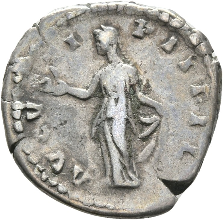 RIC III Antoninus Pius 497 Antoninus Pius reverse, Spes, draped, standing left, holding up flower-bud in right hand and ga...