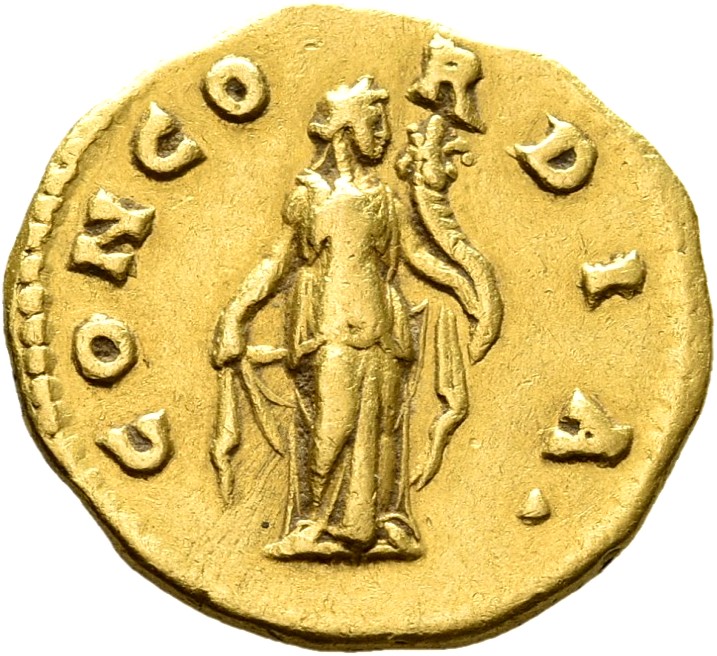 RIC III Antoninus Pius 500a Antoninus Pius reverse, Concordia steht in der Vorderansicht, den Kopf mit nach r. gewandt. Si...