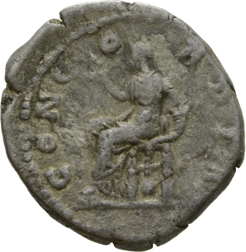 RIC III Antoninus Pius 502Aa Antoninus Pius reverse, Concordia, draped, seated left on low seat, holding flower in right h...