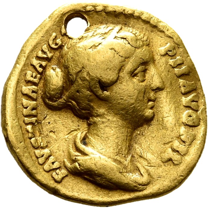 RIC III Antoninus Pius 505B Antoninus Pius obverse, Bust of Faustina the Younger, band of pearls round head, with hair wai...
