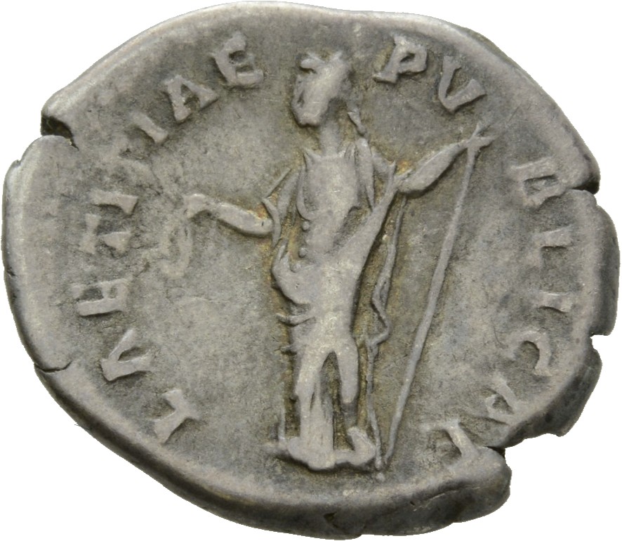 RIC III Antoninus Pius 506A (denarius) Antoninus Pius reverse, Laetitia, draped, standing left, holding diadem in extended...