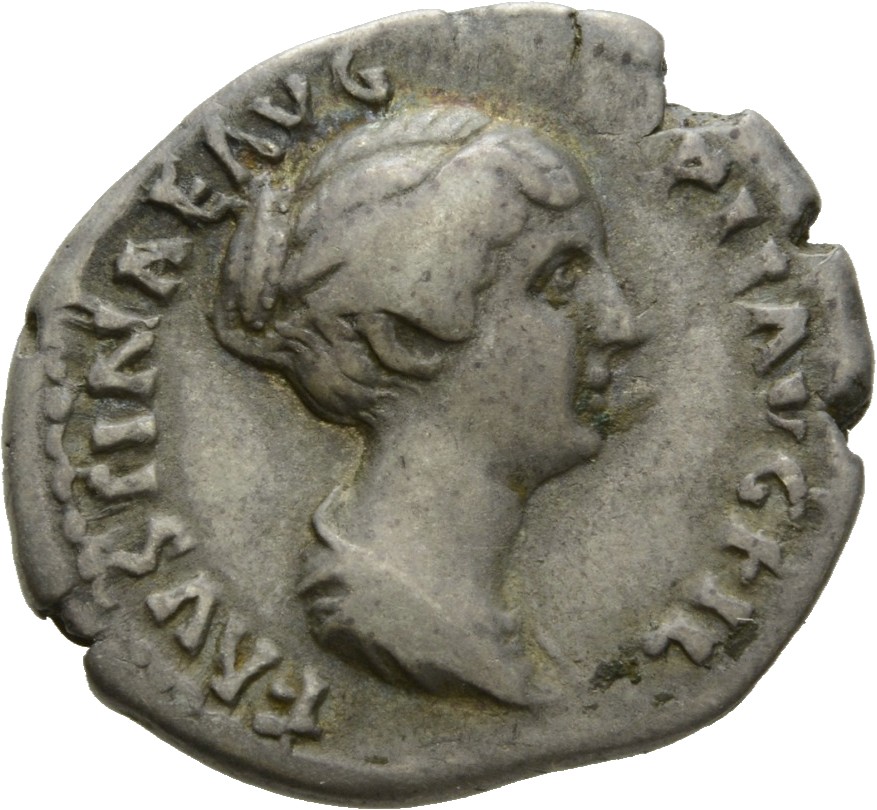 RIC III Antoninus Pius 506A (denarius) Antoninus Pius obverse, Bust of Faustina the Younger, bare-headed, with hair waived...