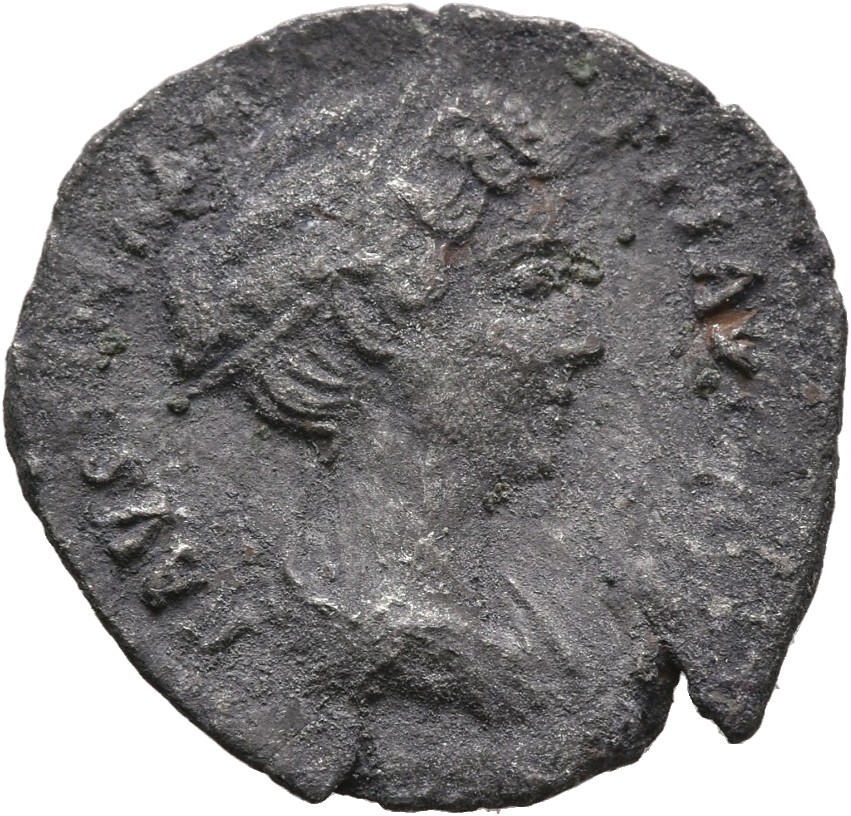 RIC III Antoninus Pius 506C (denarius) Antoninus Pius obverse, Bust of Faustina the Younger, stephane round head, with hai...