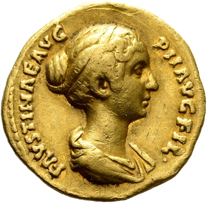RIC III Antoninus Pius 515A (aureus) Antoninus Pius obverse, Bust of Faustina the Younger, band of pearls round head, with...