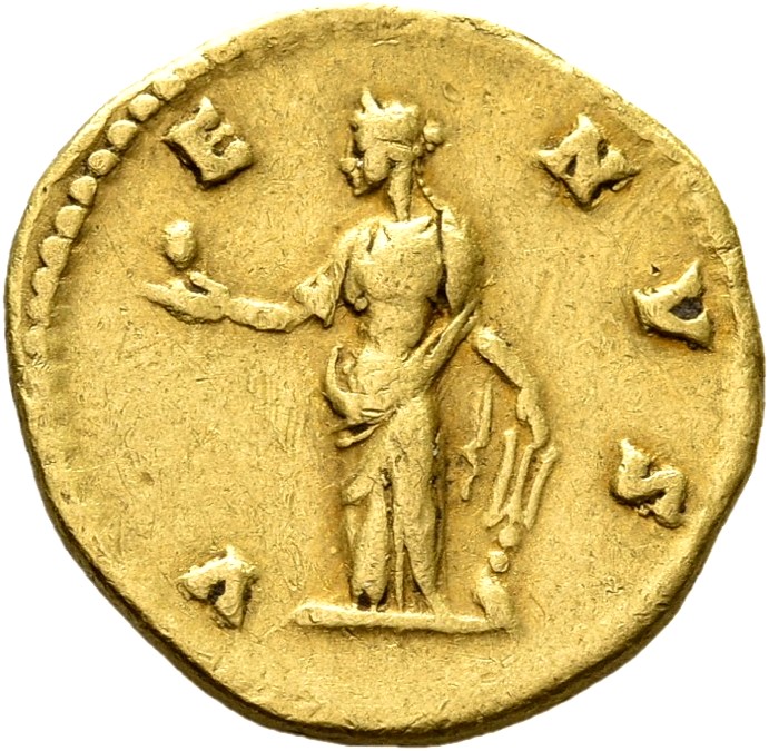 RIC III Antoninus Pius 515A (aureus) Antoninus Pius reverse, Venus, draped, standing left, holding apple in right hand and...