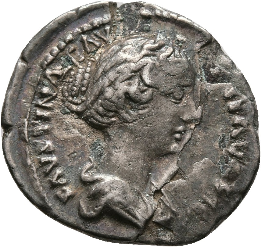 RIC III Antoninus Pius 517B (denarius) Antoninus Pius obverse, Bust of Faustina the Younger, stephane round head, with hai...