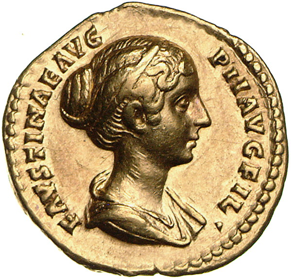 RIC III Antoninus Pius 517C (aureus) Antoninus Pius obverse, Bust of Faustina the Younger, band of pearls round head, with...