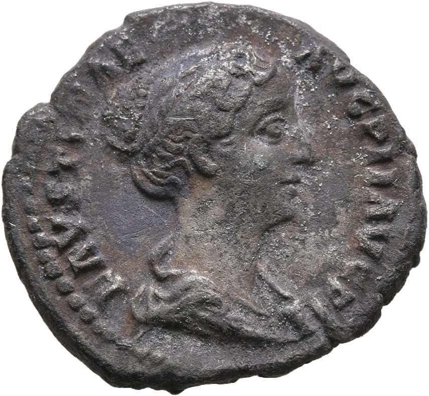 RIC III Antoninus Pius 517C (denarius) Antoninus Pius obverse, Bust of Faustina the Younger, band of pearls round head, wi...
