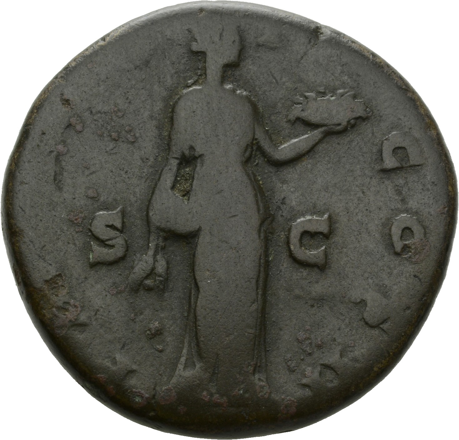RIC III Antoninus Pius 530A Antoninus Pius reverse, Fides, draped, standing right, holding corn-ears in right hand and bas...