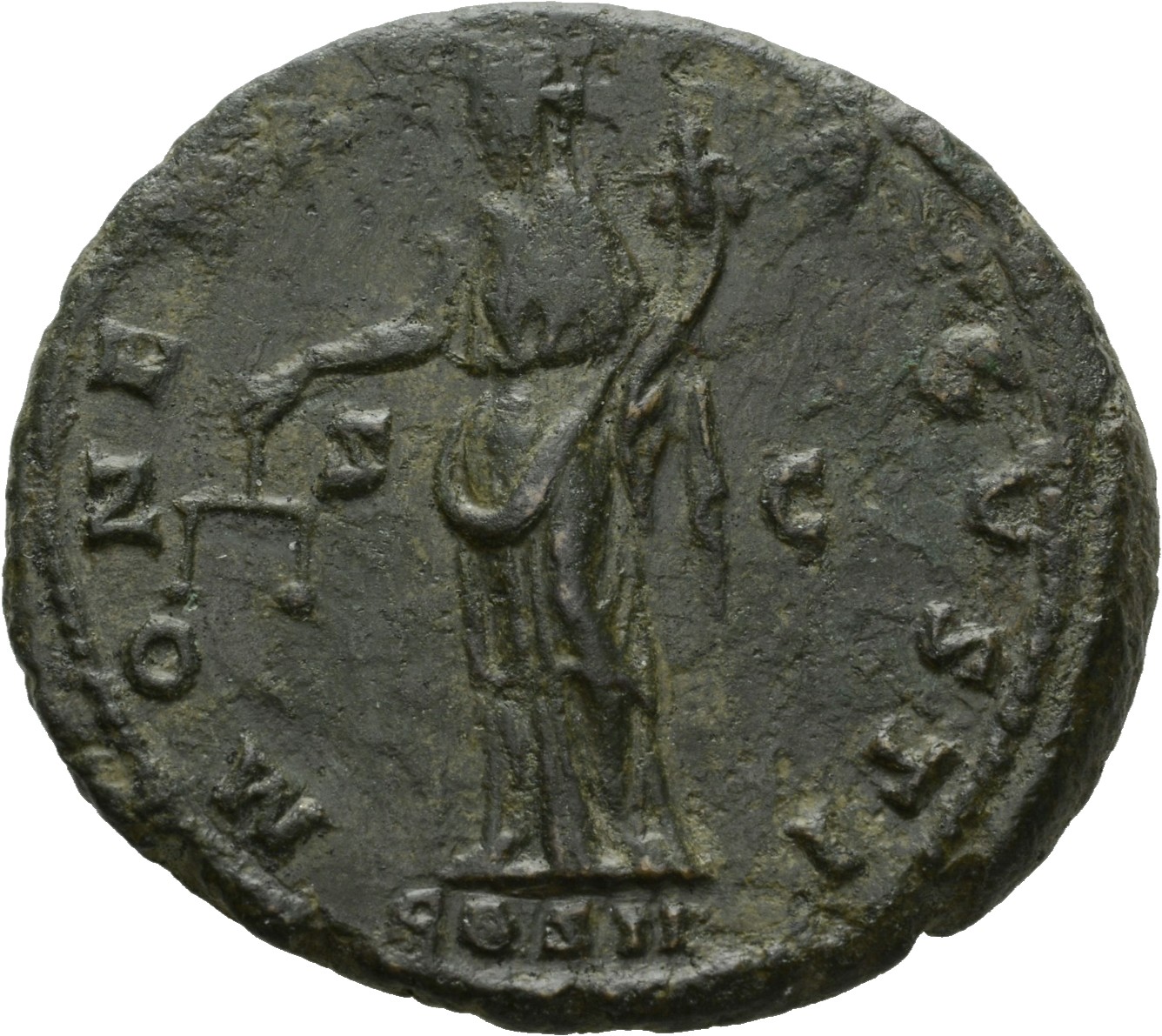 Antoninus Pius reverse — Moneta, standing left, holding scales in right hand and cornucopiae in left