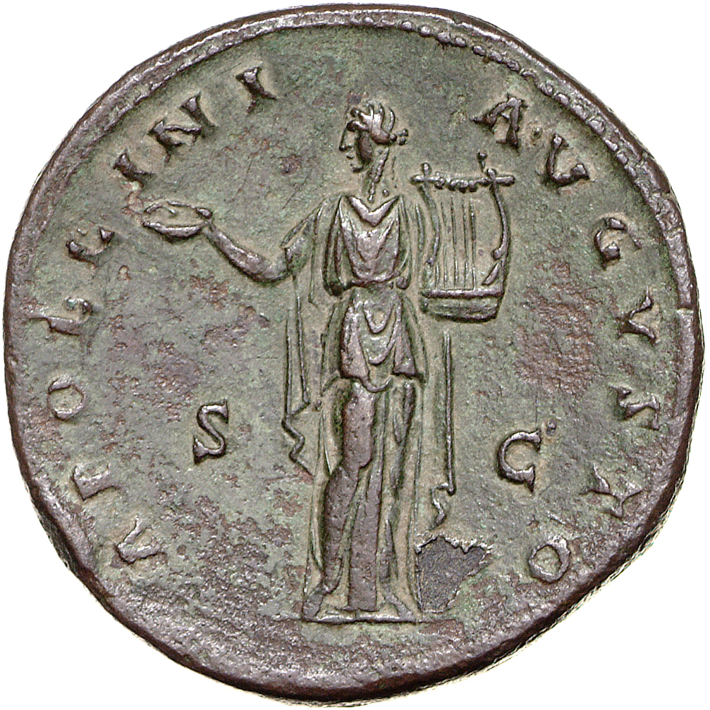 RIC III Antoninus Pius 598a Antoninus Pius reverse, Apollo, laureate, draped to feet, standing front, head left, holding p...