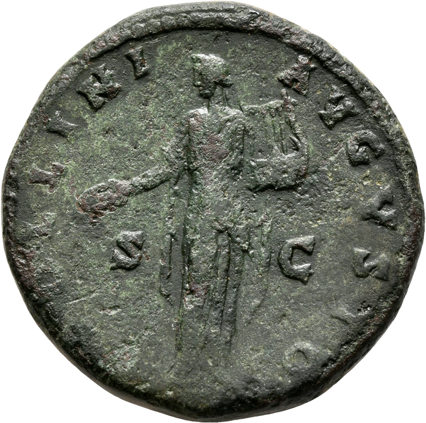 RIC III Antoninus Pius 598a Antoninus Pius reverse, Apollo, laureate, draped to feet, standing front, head left, holding p...