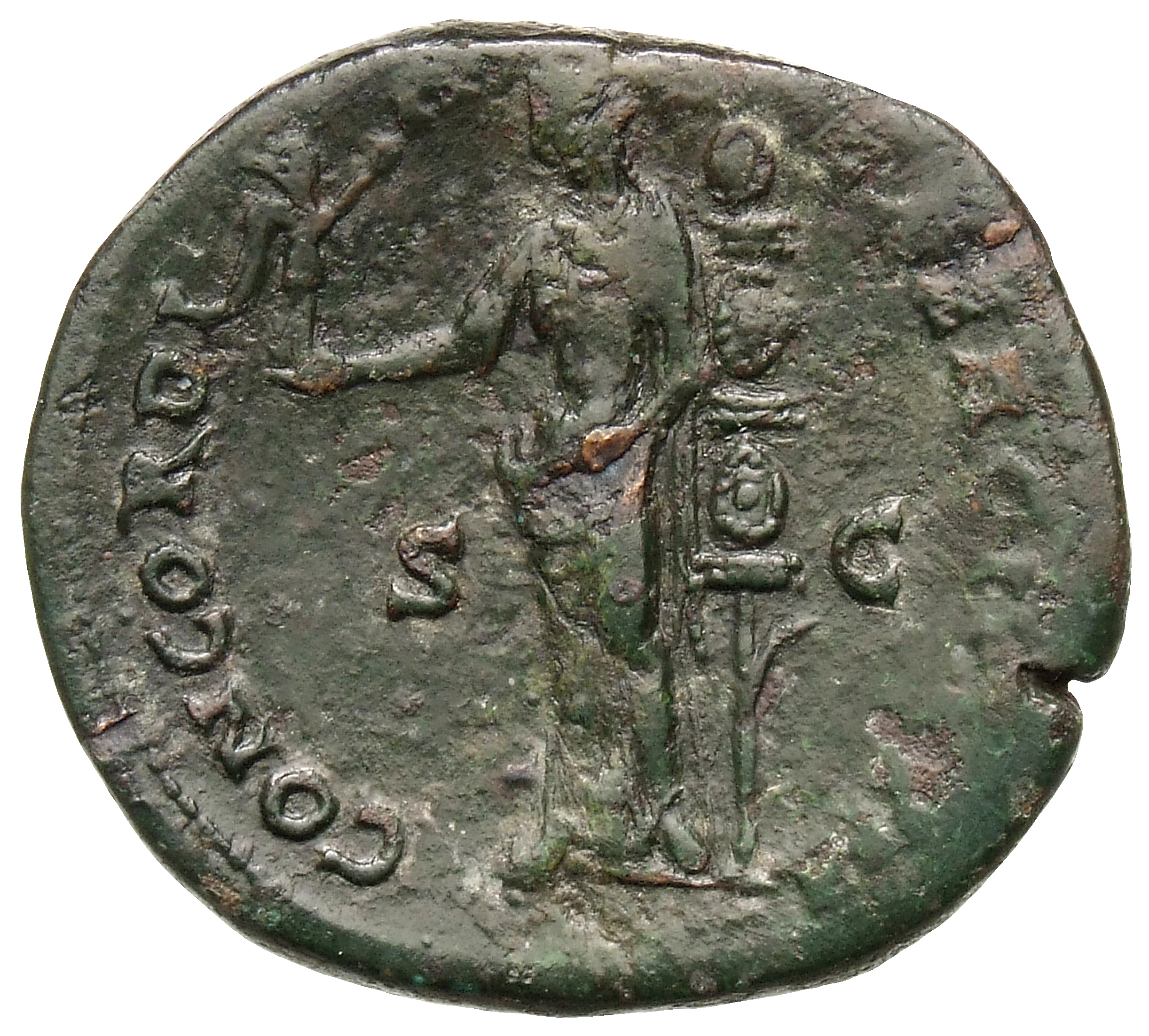 RIC III Antoninus Pius 600b Antoninus Pius reverse, Concordia, draped, standing left, holding Victory on right hand and le...
