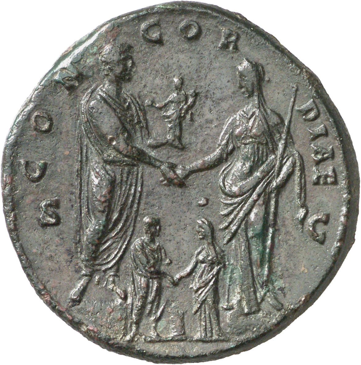 RIC III Antoninus Pius 601a Antoninus Pius reverse, Antoninus Pius standing, right holding Victory in left hand, clasping ...