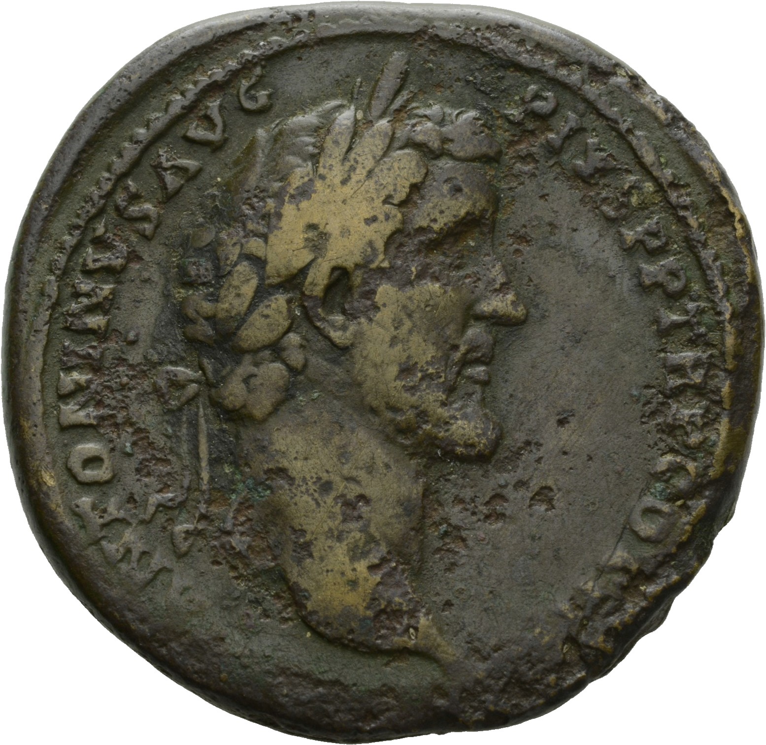 Antoninus Pius obverse — Head of Antoninus Pius, laureate, right