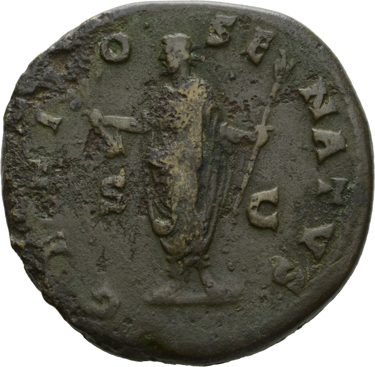 Antoninus Pius reverse — Genius of the Senate, togate, standing left, holding branch upwards in extended right hand and short sceptre in left