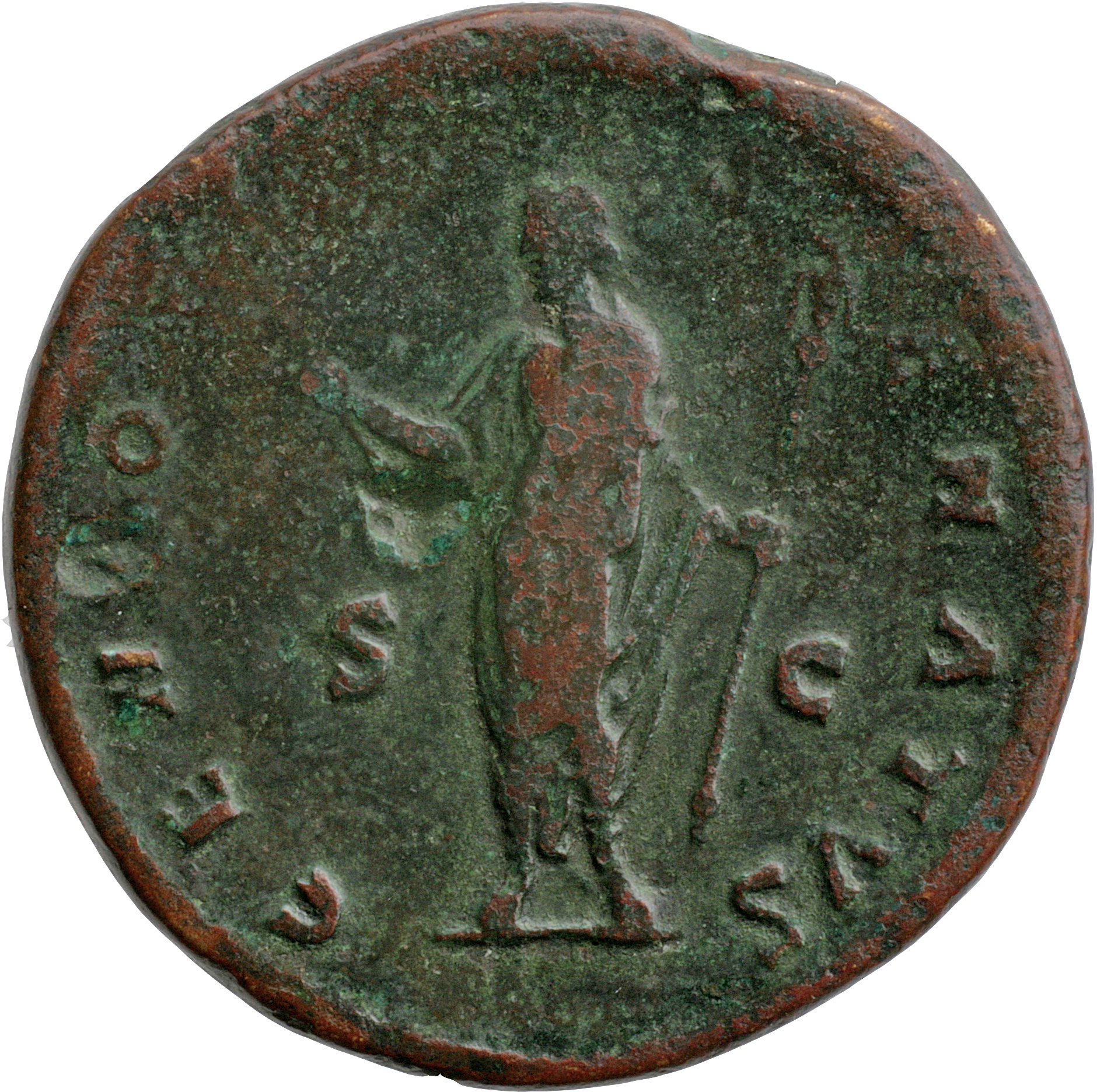 RIC III Antoninus Pius 605b Antoninus Pius reverse, Genius of the Senate, togate, standing left, holding branch upwards in...