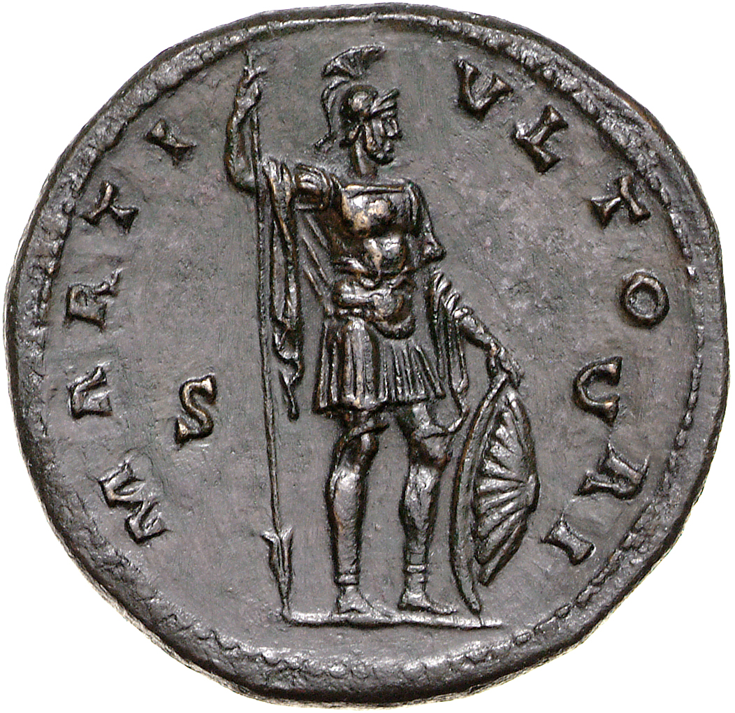 RIC III Antoninus Pius 609 Antoninus Pius reverse, Mars, helmeted, standing right, holding spear in right hand nad resting...