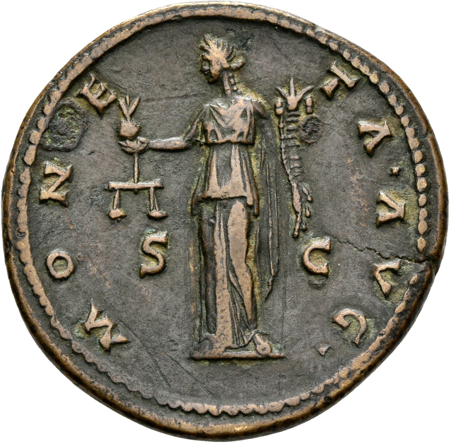 RIC III Antoninus Pius 610a Antoninus Pius reverse, Moneta, draped, standing, left , holding scales in right and round obj...