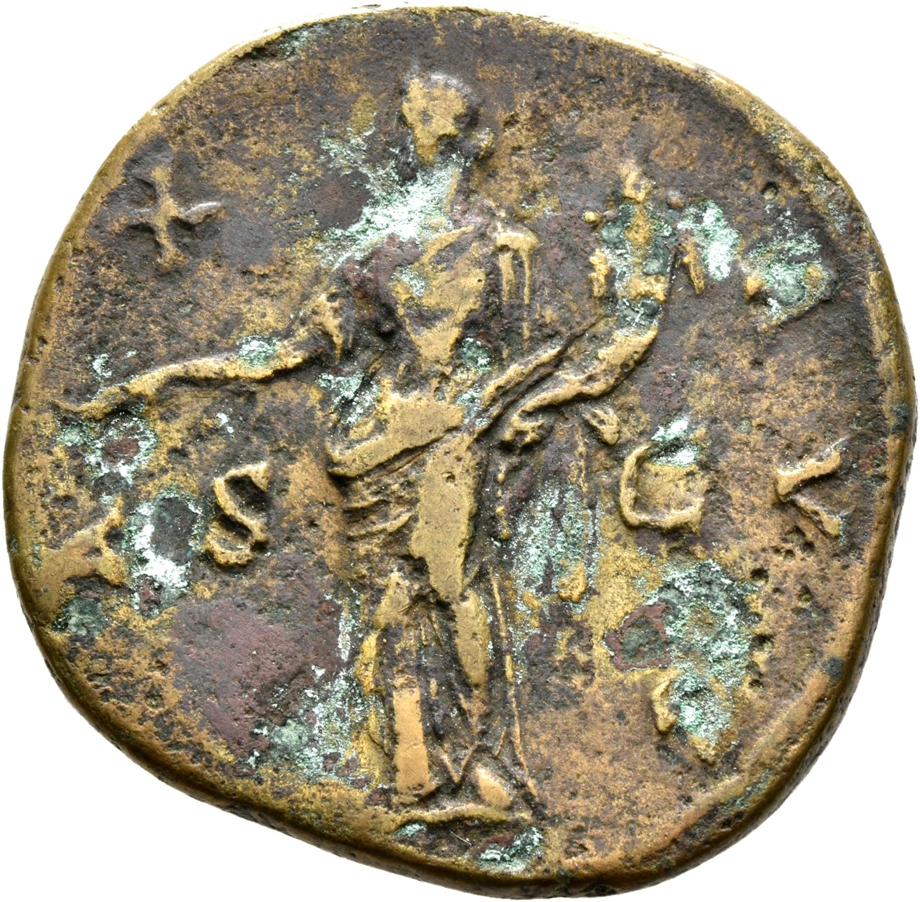 RIC III Antoninus Pius 616a Antoninus Pius reverse, Pax, draped, standing left, holding branch in extended right hand and ...