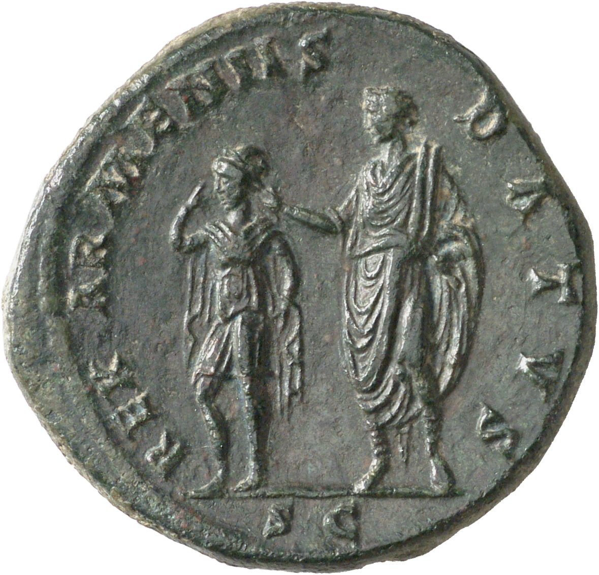 RIC III Antoninus Pius 619 Antoninus Pius reverse, Antoninus Pius, standing left, placing tiara on head of king of Armenia...