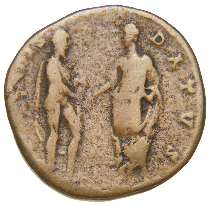 RIC III Antoninus Pius 620b Antoninus Pius reverse, Antoninus Pius, togate, standing, left, holding roll in left hand and ...