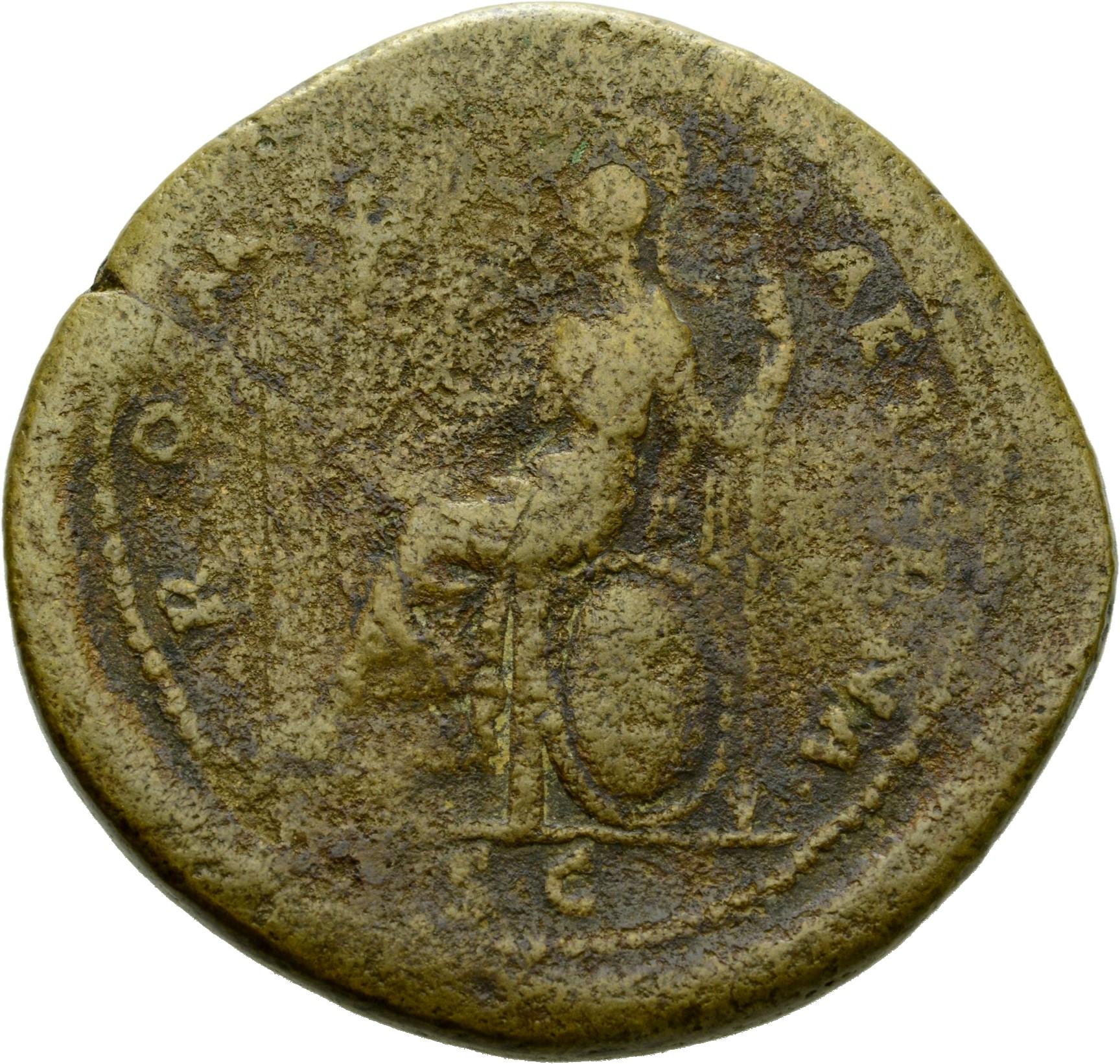 RIC III Antoninus Pius 621 Antoninus Pius reverse, Roma, helmeted, draped, seated left on throne, holding palladium on ext...
