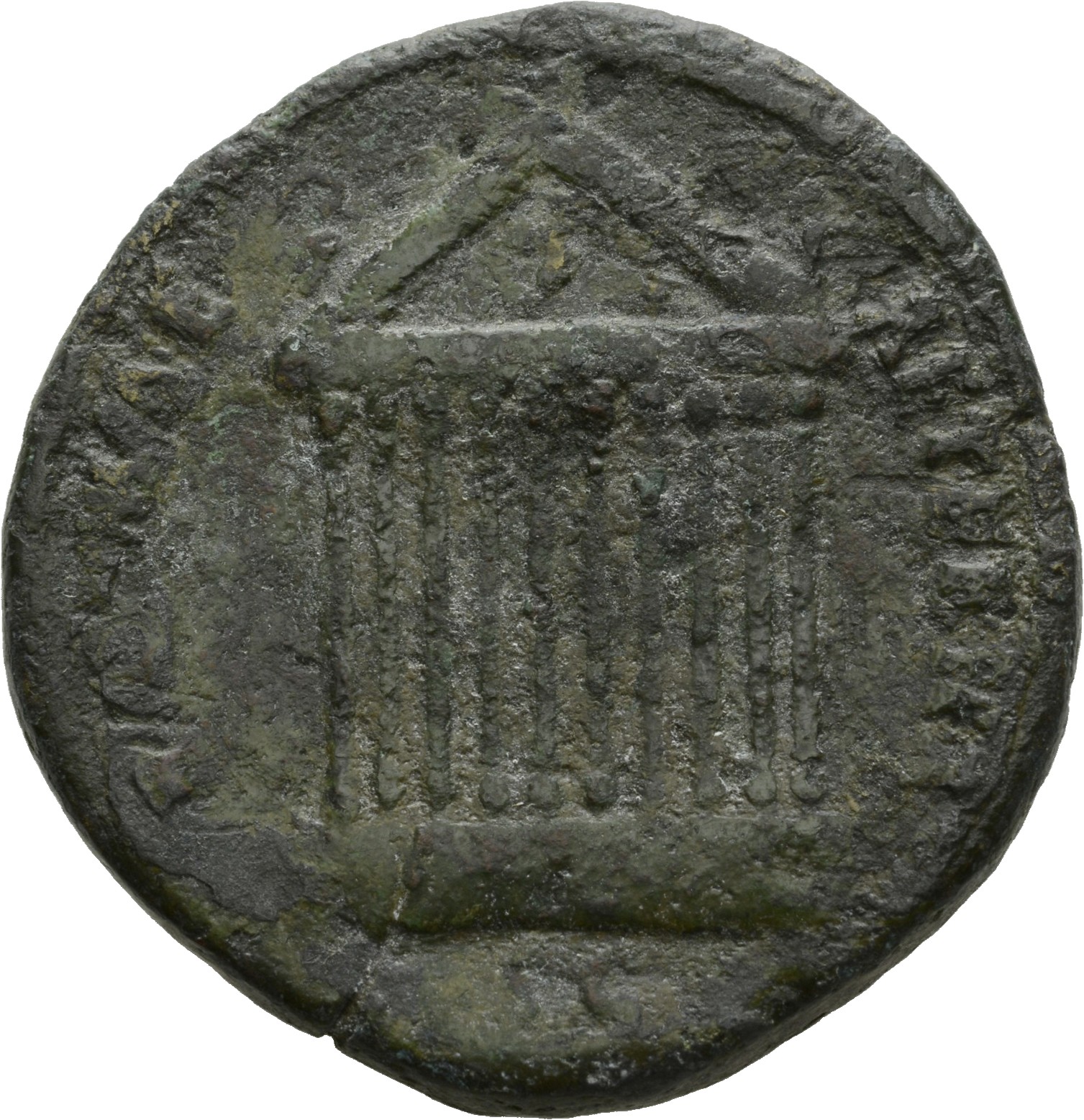 RIC III Antoninus Pius 622a Antoninus Pius reverse, Decastyle temple, with statues on roof and in pediment