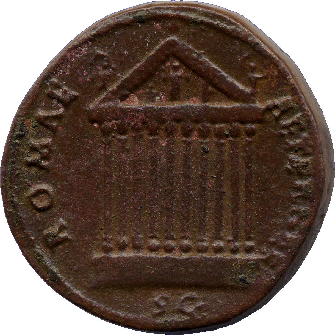 RIC III Antoninus Pius 622a Antoninus Pius reverse, Decastyle temple, with statues on roof and in pediment