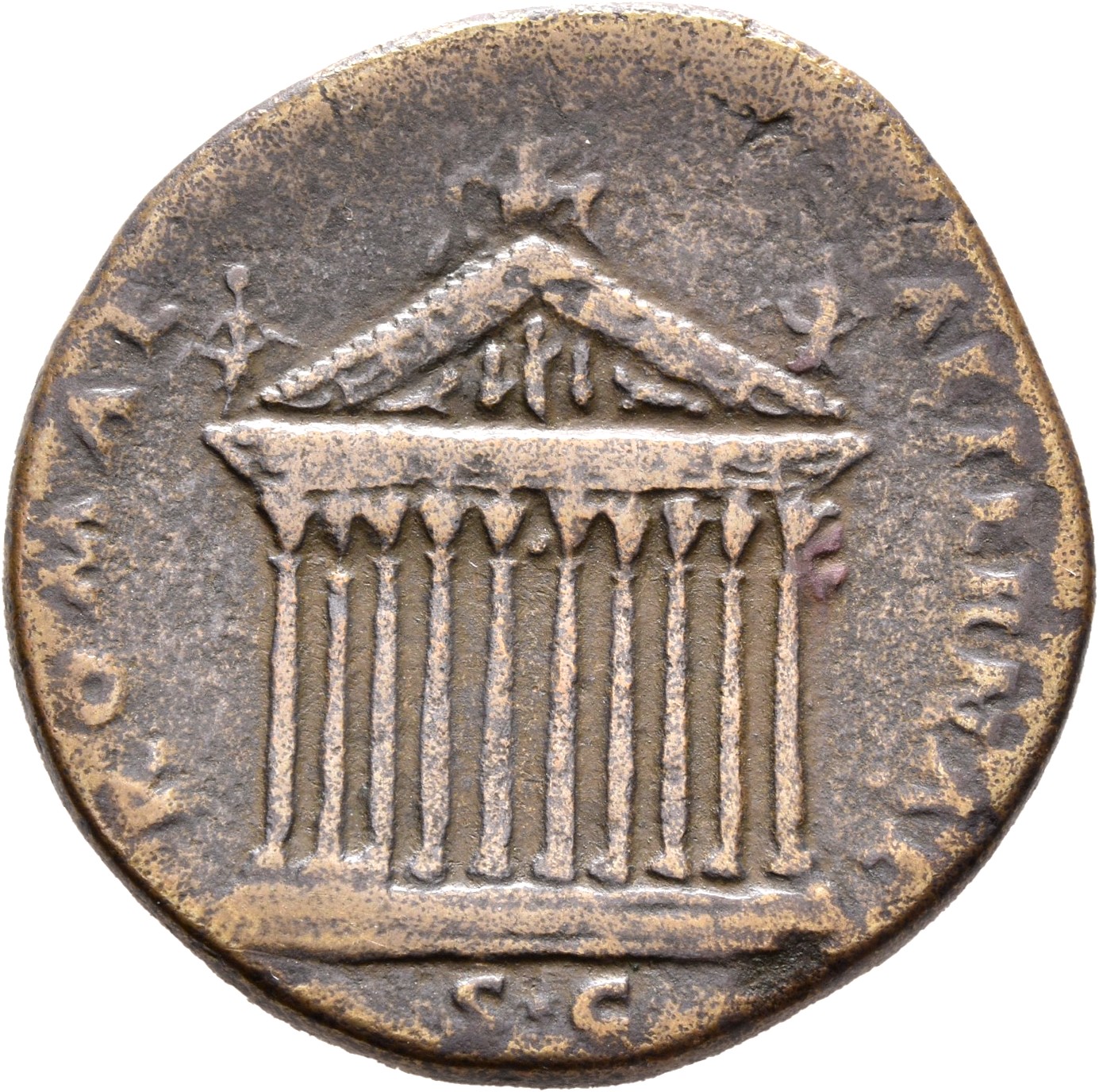 RIC III Antoninus Pius 622b Antoninus Pius reverse, Decastyle temple, with statues on roof and in pediment