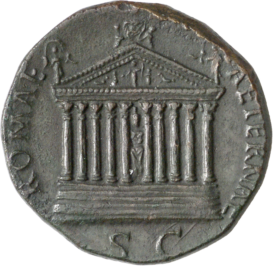 RIC III Antoninus Pius 623 Antoninus Pius reverse, Decastyle temple, with statues on roof and in pediment, seated figure i...