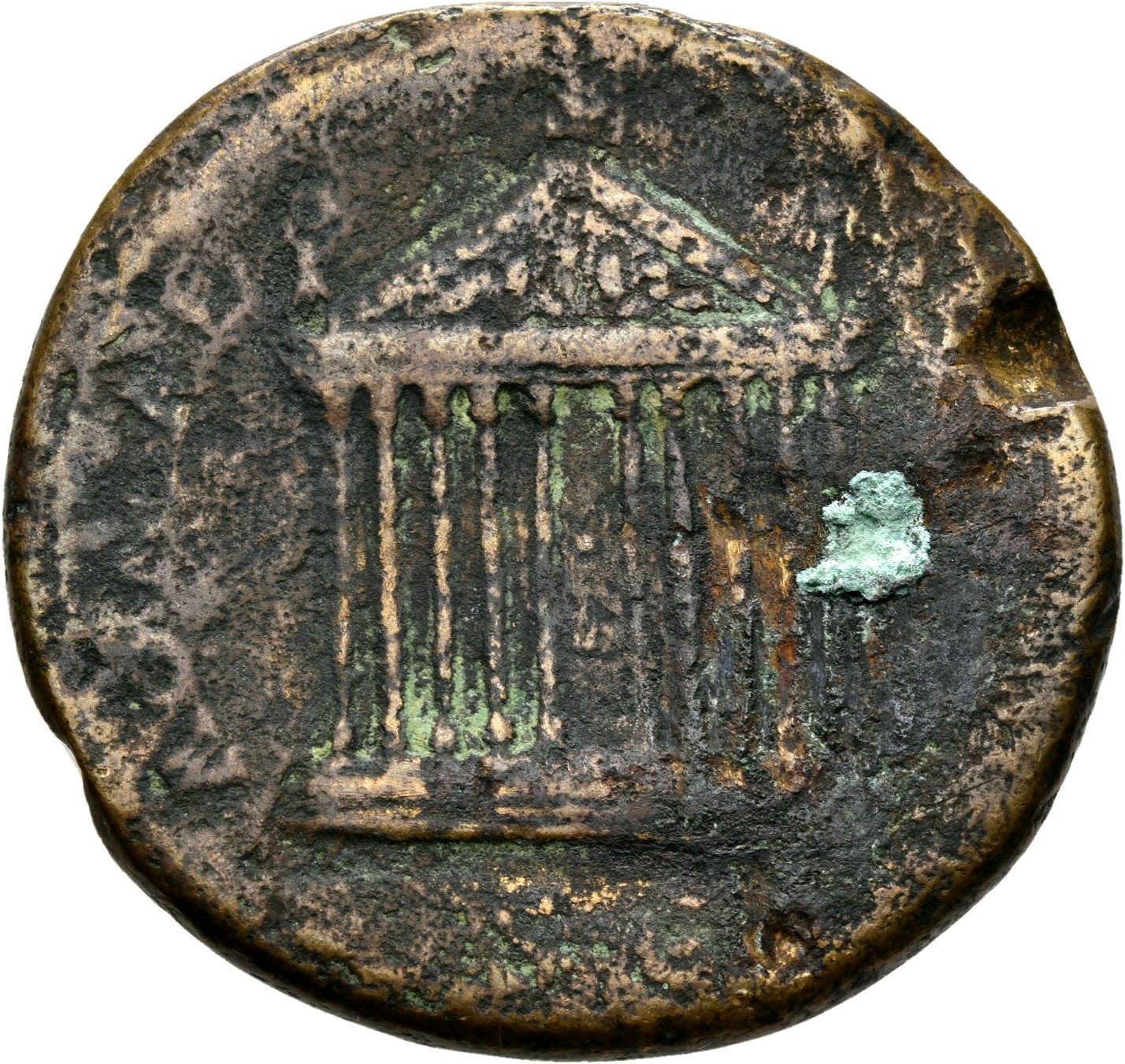 RIC III Antoninus Pius 623 Antoninus Pius reverse, Decastyle temple, with statues on roof and in pediment, seated figure i...
