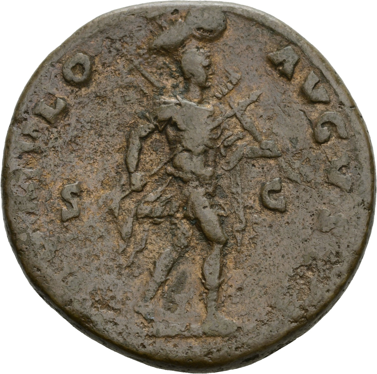 RIC III Antoninus Pius 624a Antoninus Pius reverse, Romulus, bare-headed, in military dress, advancing right, holding tran...