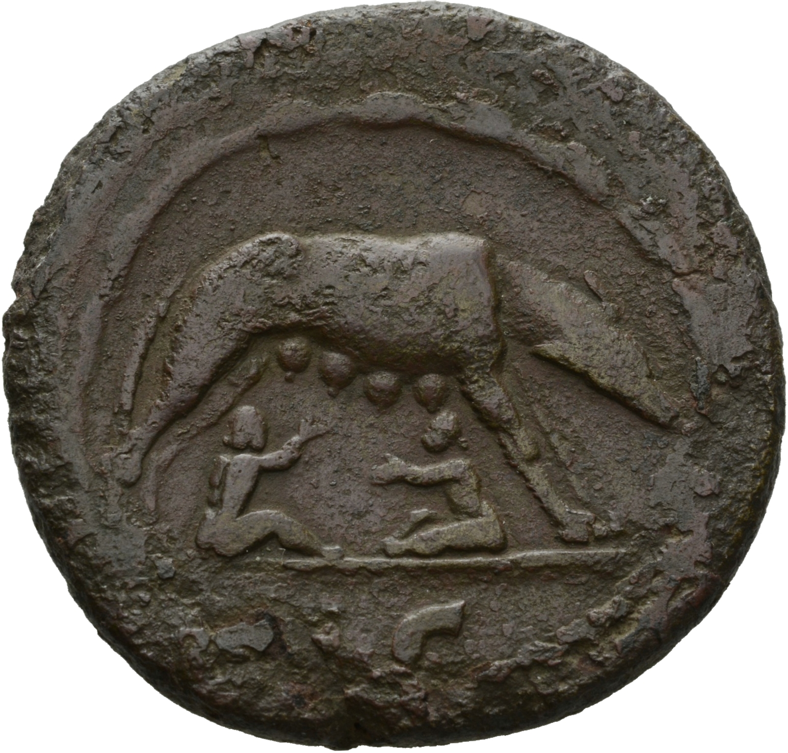 RIC III Antoninus Pius 631 Antoninus Pius reverse, She-wolf, suckling the twins, standing right under grotto