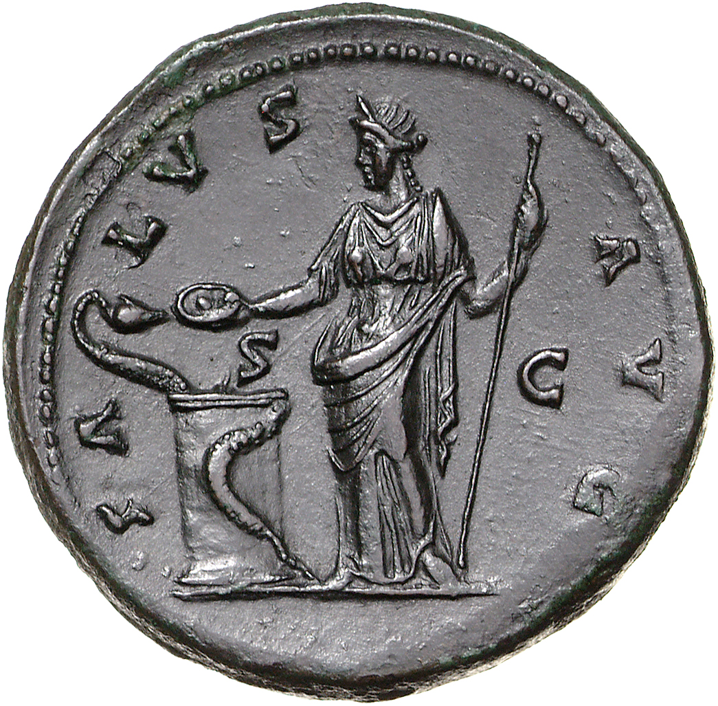 RIC III Antoninus Pius 635a Antoninus Pius reverse, Salus, draped, standing left, feeding out of patera in right hand snak...