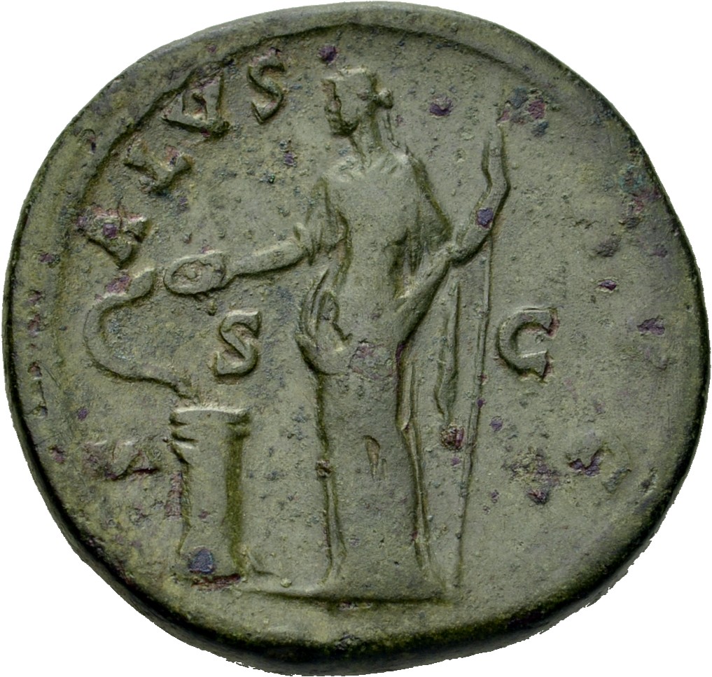 RIC III Antoninus Pius 636a Antoninus Pius reverse, Salus, draped, standing left, feeding snake coiled round altar and hol...