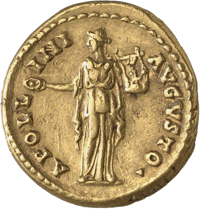 RIC III Antoninus Pius 63A Antoninus Pius reverse, Apollo, in long robe reaching feet, standing left, holding patera in ex...