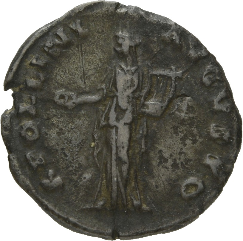 Antoninus Pius reverse — Apollo, in long robe reaching feet, standing left, holding patera in extended right hand and lyre in left