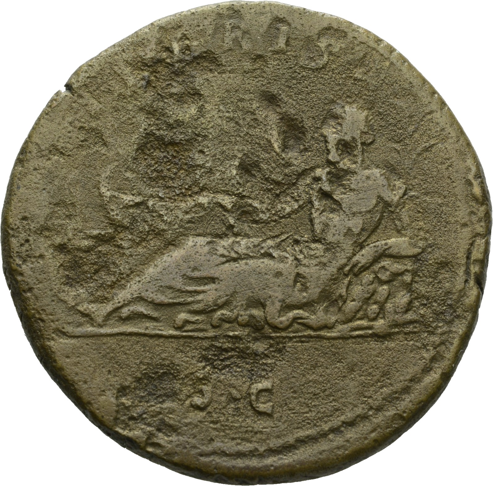RIC III Antoninus Pius 643a Antoninus Pius reverse, Tiber, crowned with reeds, reclining left, resting left elbow on rock,...