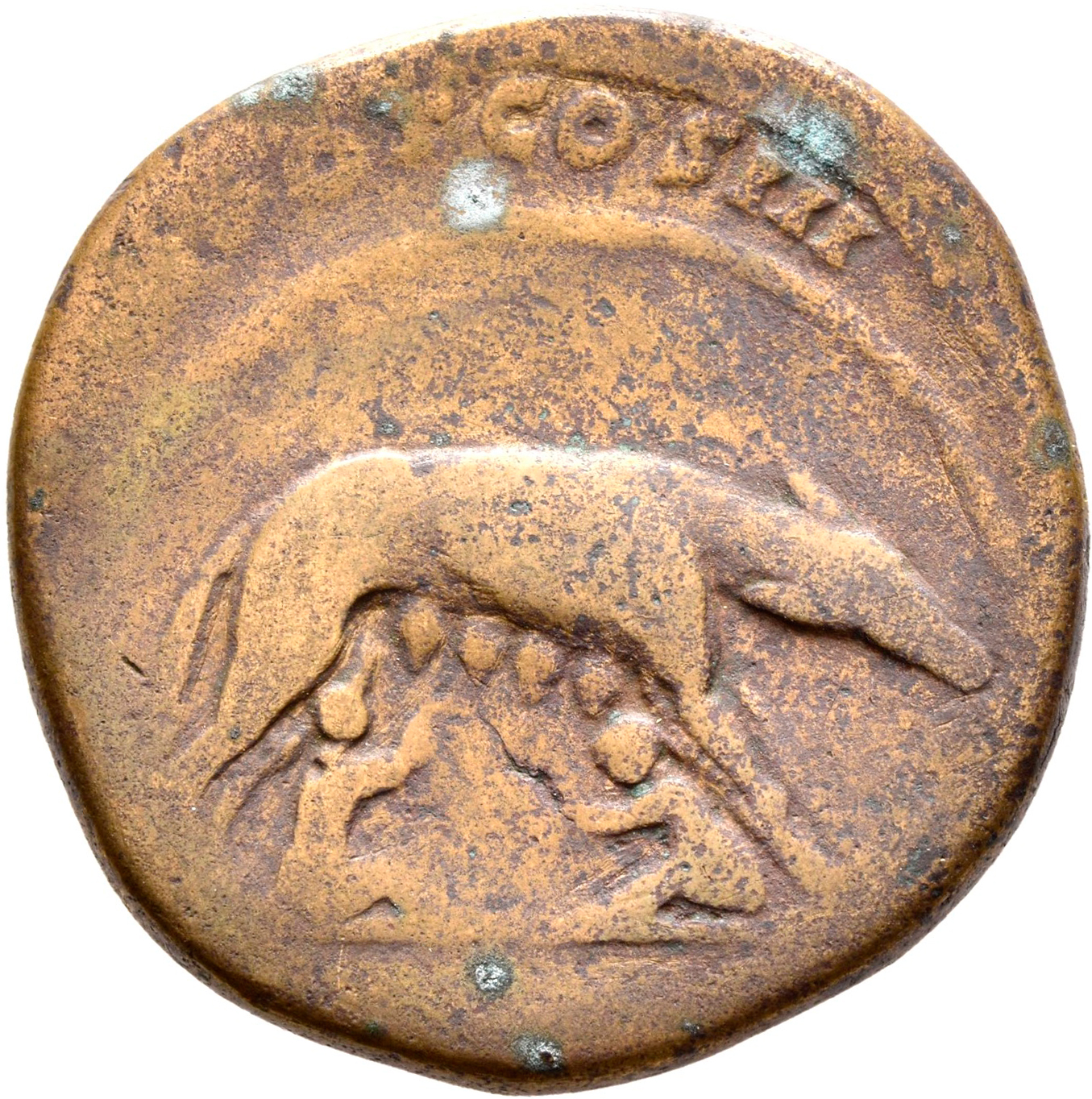 RIC III Antoninus Pius 648 Antoninus Pius reverse, She-wolf, suckling the twins, standing right