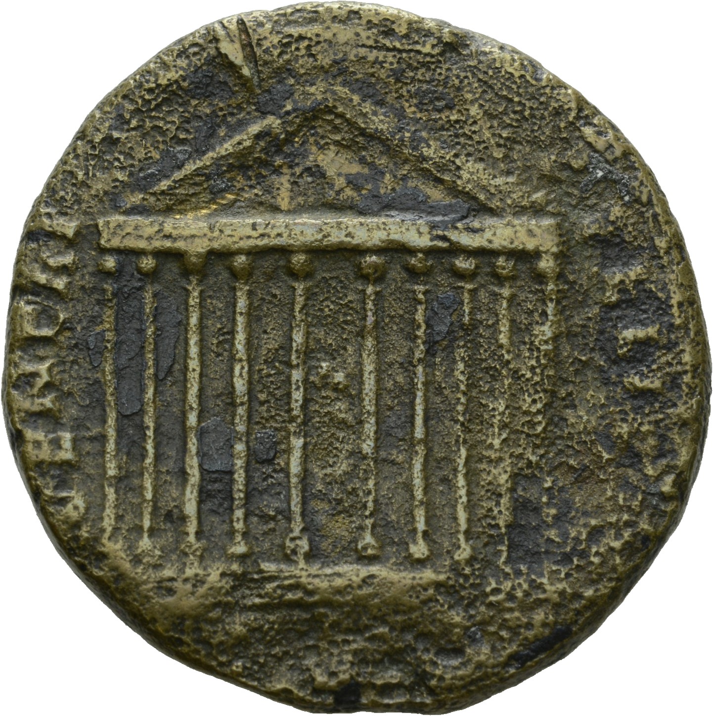 RIC III Antoninus Pius 651a Antoninus Pius reverse, Front view of decastyle temple with statues on roof and in pediment