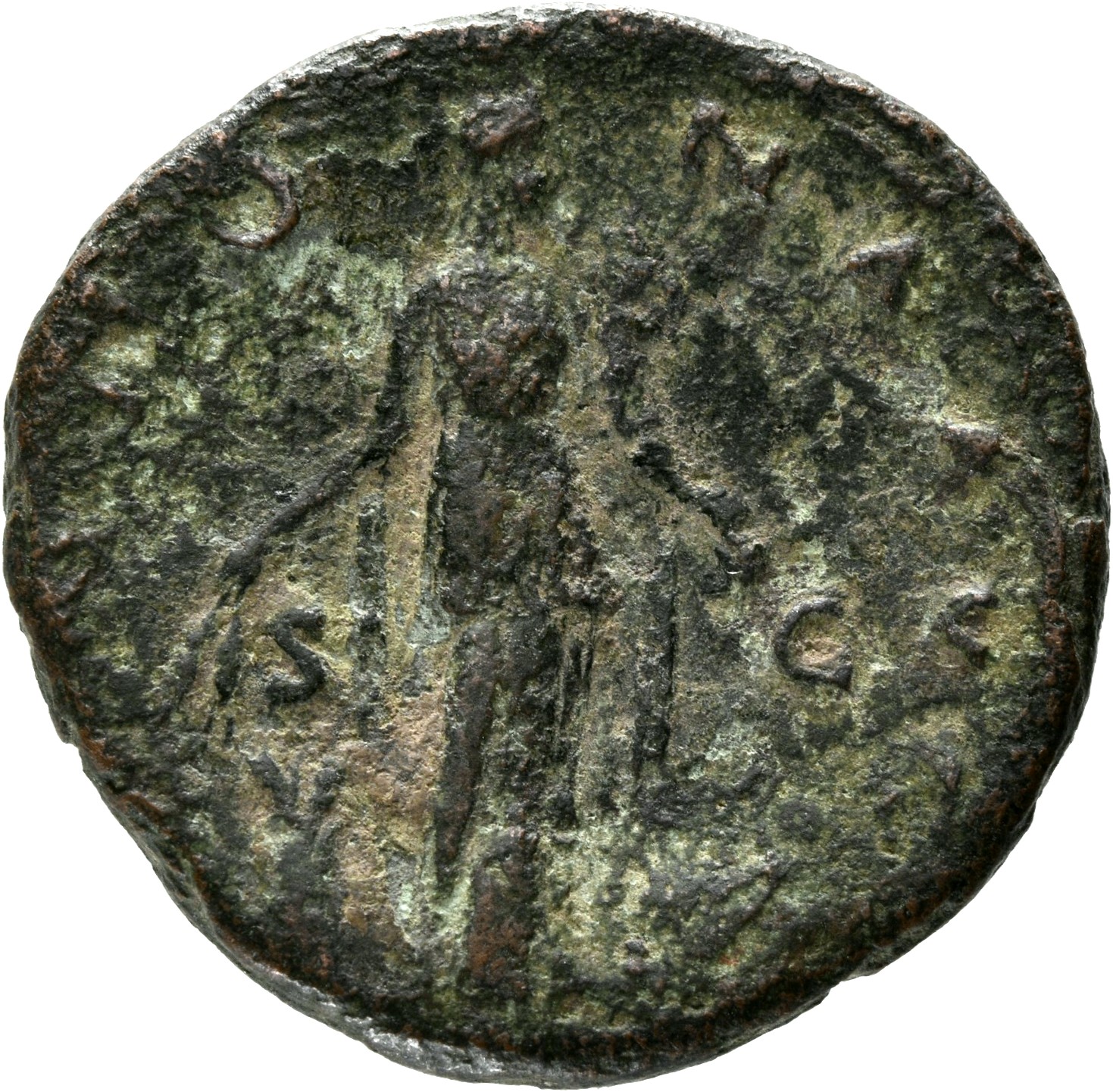 RIC III Antoninus Pius 656 Antoninus Pius reverse, Annona, draped, standing, front, head right, holding corn-ears in right...