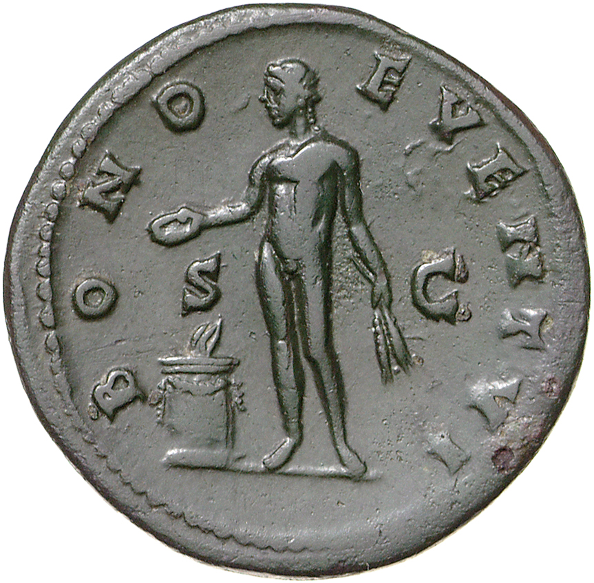 RIC III Antoninus Pius 656A Antoninus Pius reverse, Bonus Eventus, standing left, sacrificing over altar and holding corn-...
