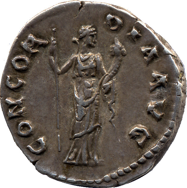 RIC III Antoninus Pius 65a Antoninus Pius reverse, Concordia, draped, standing right, holding sceptre in right hand and co...